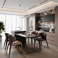 Modern Dining Room Interior With Dark Table Brown Chairs And Patterned Wall