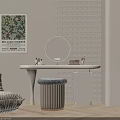 Stylish Beige Vanity with Round Mirror Grid Wall Stool Palm Plant and Floral Poster