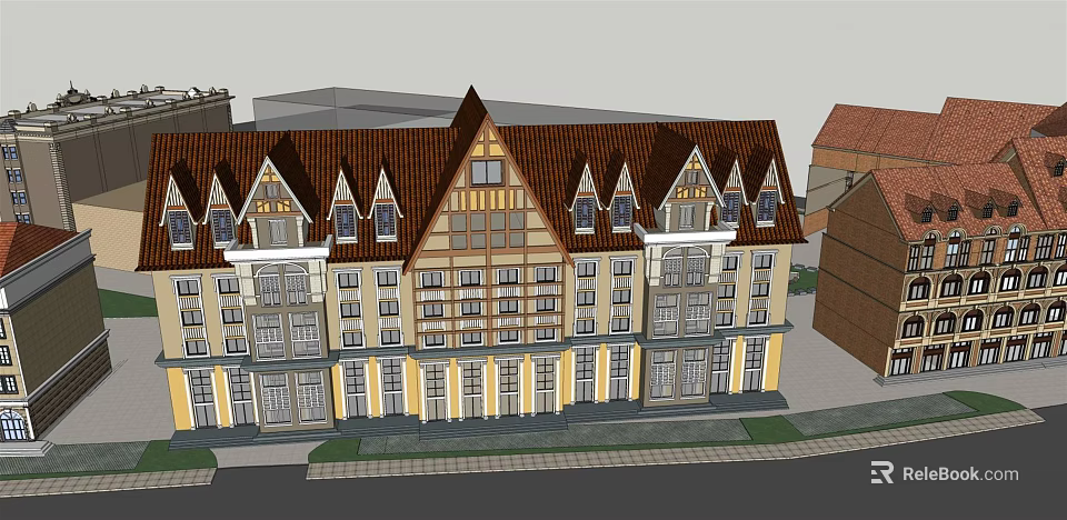 Traditional Residential Building With Brown Gabled Roof Dormer Windows Balconies And Yellow Exterior 3d model 
