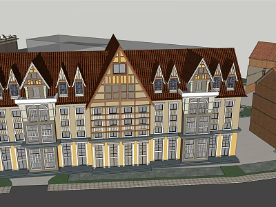 Traditional Residential Building With Brown Gabled Roof Dormer Windows Balconies And Yellow Exterior 3d model