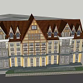 Traditional Residential Building With Brown Gabled Roof Dormer Windows Balconies And Yellow Exterior