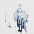 Mythical Female Fairy Character In Blue White Flowing Robe With Butterfly Wings And Fan