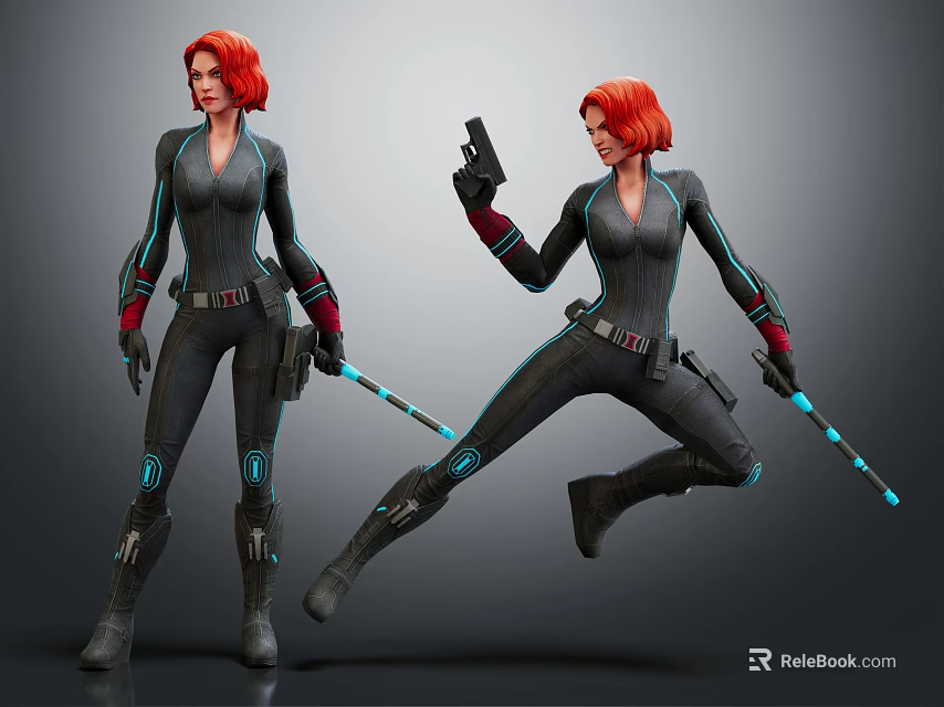 Red Haired Female Characters In Black Bodysuits With Gun And Glowing Staff Action Poses 3d model 
