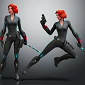 Red Haired Female Characters In Black Bodysuits With Gun And Glowing Staff Action Poses