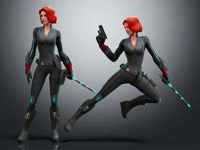 Red Haired Female Characters In Black Bodysuits With Gun And Glowing Staff Action Poses 3d model
