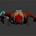 Game Movie Character With Spiked Red Hair Orange Vest Black Cargo Pants And Mechanical Arm