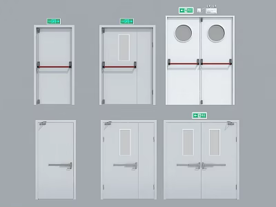 Various Types Of Fire Safety Doors With Glass Panels Push Bars And Green Exit Signs 3d model