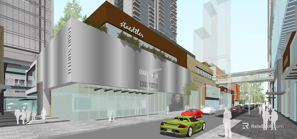 Modern Luxury Retail Building With Glass And Metal Facade Urban Street View Cars Pedestrians 3d model 