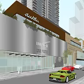 Modern Luxury Retail Building With Glass And Metal Facade Urban Street View Cars Pedestrians