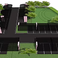 Wide Entrance Driveway With Covered Structure Pillars Green Plants And Parking Spaces