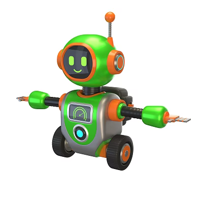 Green And Orange Smart Robot With Smiling Face Display Screen Wheels And Arms 3d model