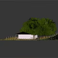 Cartoon Scene With Small House Green Trees Yellow Grass And Wooden Fence