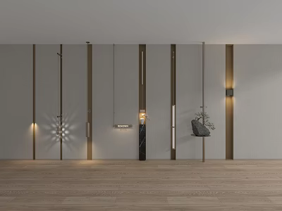 Modern Interior With Wall Lamp Wooden Strips Gray Wall And Light Wooden Floor 3d model