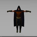 Hooded Character in Red Top Black Cape with Golden Belt and Boots Standing Arms Outstretched
