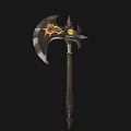 Ornate Battle Axe Weapon With Flame Pattern Circular Symbol And Long Handle