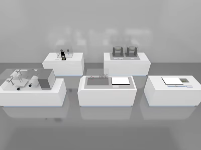 Multiple White Display Stands Showcasing Different Items In Modern Exhibition Setup 3d model