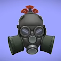 Gray Fire Equipment Gas Mask with Red Plume Filter Canisters and Clear Goggles