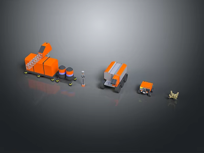 Orange Construction Machinery Set With Crusher Truck Barrels And Traffic Cones 3d model