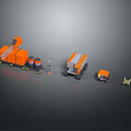 Orange Construction Machinery Set With Crusher Truck Barrels And Traffic Cones