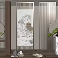 Chinese Style Interior Room Divider With Wooden Frame Landscape Painting Round Mirror And Potted Plant