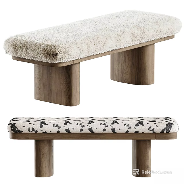 Modern Upholstered Bench with Plush Faux Fur and Spotted Pattern Cushions Wooden Legs 3d model 