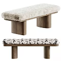 Modern Upholstered Bench with Plush Faux Fur and Spotted Pattern Cushions Wooden Legs