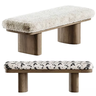 Modern Upholstered Bench with Plush Faux Fur and Spotted Pattern Cushions Wooden Legs 3d model