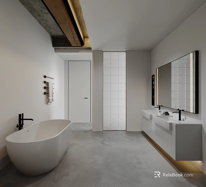 Modern Bathroom Interior With White Bathtub Double Sinks Large Mirror Gray Floor And White Walls 3d model 