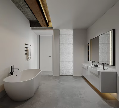 Modern Bathroom Interior With White Bathtub Double Sinks Large Mirror Gray Floor And White Walls 3d model