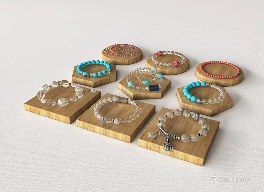Jewelry Bracelets on Wooden Trays with Blue Red Silver Beads and Decorative Pendants 3d model 