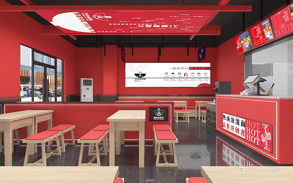 Red Themed Restaurant Interior With Wooden Tables Red Stools Large Screen And Cashier Counter 3d model 