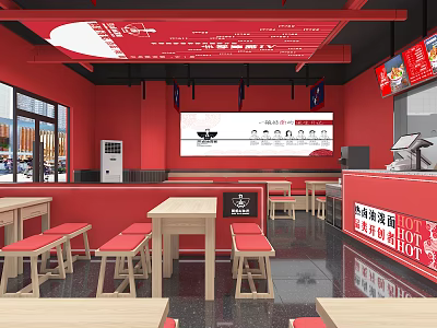 Red Themed Restaurant Interior With Wooden Tables Red Stools Large Screen And Cashier Counter 3d model