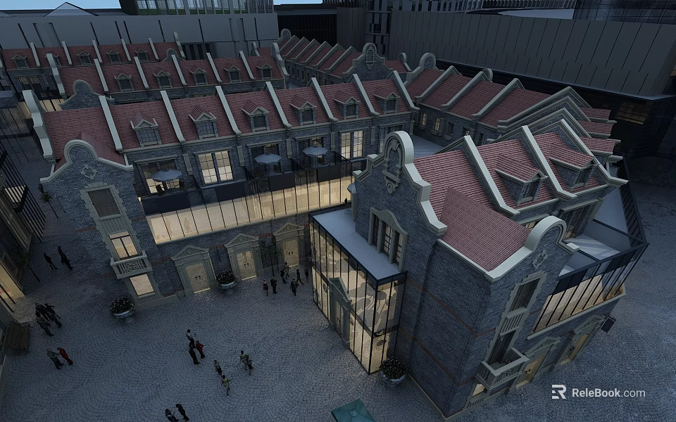 Row of Townhouses with Red Roofs Stone Exteriors Glass Structure Courtyard and People Walking 3d model 