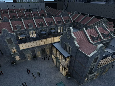 Row of Townhouses with Red Roofs Stone Exteriors Glass Structure Courtyard and People Walking 3d model