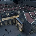 Row of Townhouses with Red Roofs Stone Exteriors Glass Structure Courtyard and People Walking