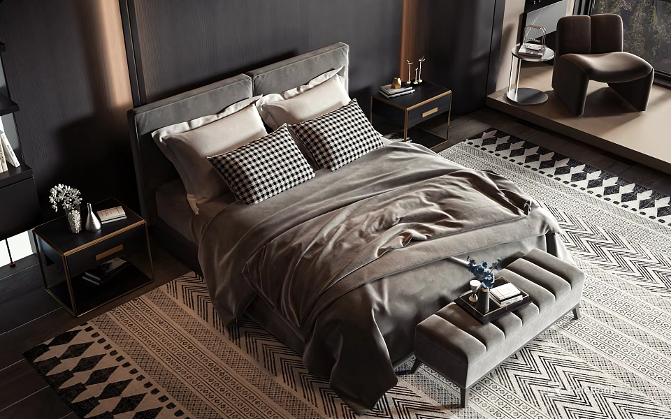 Modern Bedroom With Double Bed Grey Headboard Checkered Pillows Nightstands Footstool And Geometric Rug 3d model 