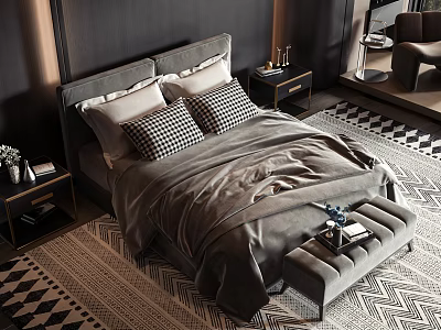 Modern Bedroom With Double Bed Grey Headboard Checkered Pillows Nightstands Footstool And Geometric Rug 3d model