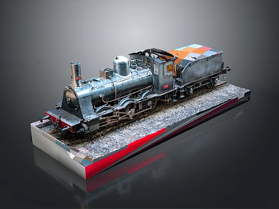Vintage Steam Train Model With Metal Body On Display Base With Gravel 3d model