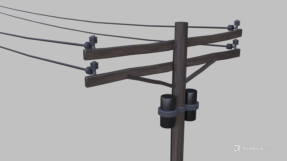 Wooden Utility Pole Structural Design With Crossarms Power Lines And Insulators 3d model 