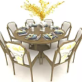 Elegant Round Dining Table Set With Patterned Cushion Chairs And Yellow Floral Decor 3d model