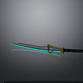 Katana With Blue Glowing Blade Yellow Black Handle On Gray Background Reflection