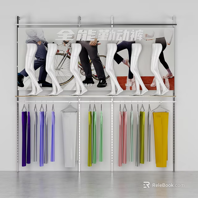 Fashion Clothing Store Display With Mannequin Legs And Colorful Hangers On Rack 3d model 