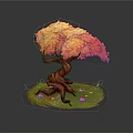Vibrant Tree Featuring Pink Orange Leaves Twisted Red Trunk and Green Grass with Fallen Petals