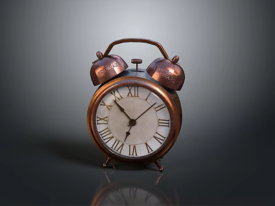 Vintage Brass Alarm Clock Featuring Dual Bells Roman Numeral Dial On Dark Background With Reflection 3d model