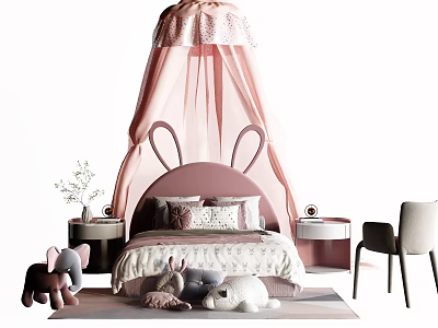 Adorable Kids Bed With Pink Canopy Rabbit Ears Stuffed Toys Nightstand And Rug 3d model