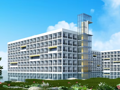 Modern Multi Storey Office Building With Glass Facade And Water Reflection In Green Garden 3d model