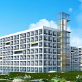 Modern Multi Storey Office Building With Glass Facade And Water Reflection In Green Garden