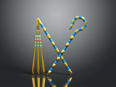 Crossed Ornate Golden Blue Weapon Staffs With Colorful Stripes On Reflective Surface 3d model