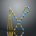 Crossed Ornate Golden Blue Weapon Staffs With Colorful Stripes On Reflective Surface