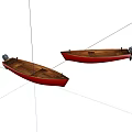 Two Red Hulled Wooden Boats With Wooden Interiors And Black Outboard Motors